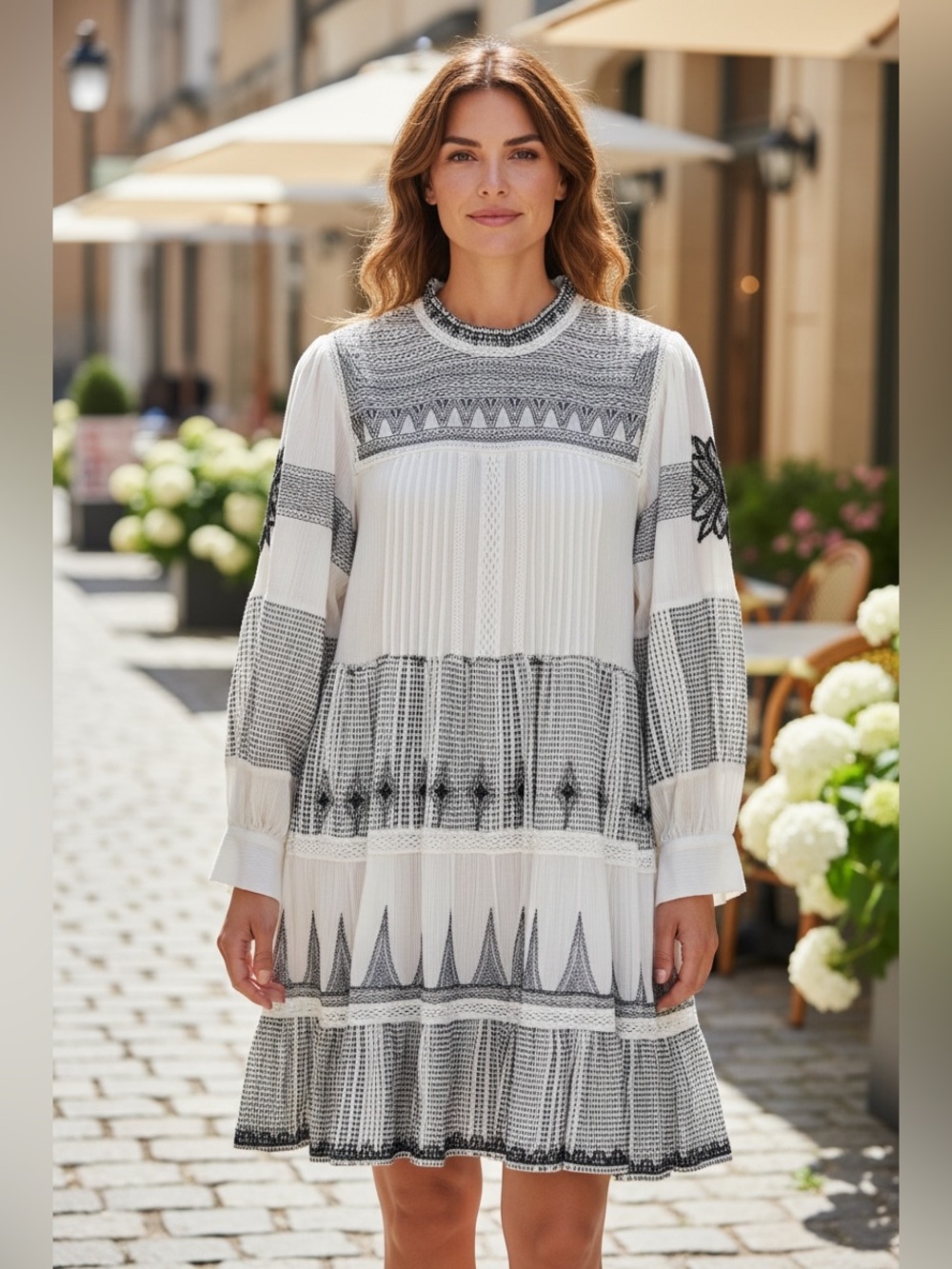 Zara White and Black Patterned Long-Sleeve Tiered Dress